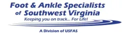 Logo for Foot & Ankle Specialists of Southwest Virginia, blue text and a curved design.