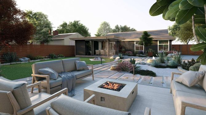 A couple of men are working on a concrete base in a backyard.