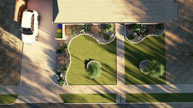 A brick house with a wooden pavilion in the backyard.
