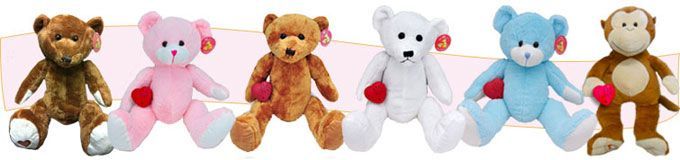 Six small teddy bears in brown, pink, tan, white, blue, and beige, lined up holding red hearts.