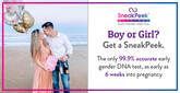 Pregnant couple on a bench beside text: “Boy or Girl? Get a SneakPeek.”
