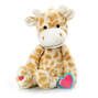 Giraffe plush toy with a white body, tan spots, and colorful feet sitting on a white background