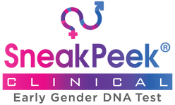 SneakPeek Clinical logo with pink and purple gender symbol, “Early Gender DNA Test” text
