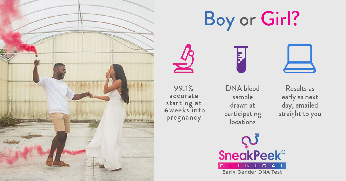 Couple under white canopy with “Boy or Girl?” gender reveal ad featuring microscope, test tube, and laptop icons