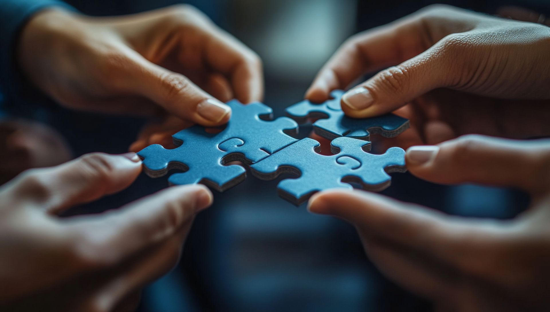 Hands fitting four blue puzzle pieces together.