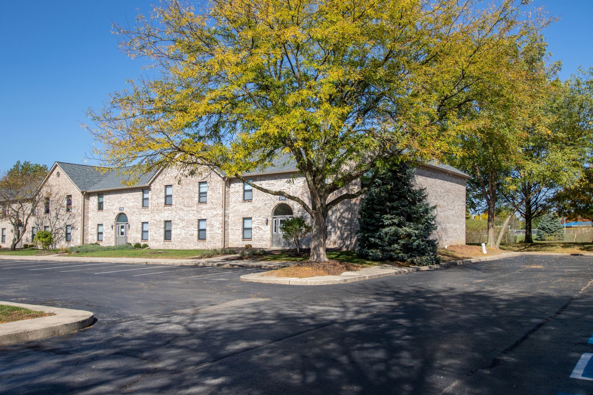 Two-story brick building with multiple windows, in front of a large tree, on a sunny day.