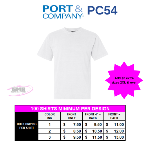 White Port & Company PC54 short-sleeve t-shirt with pricing chart and “add 52 extra sizes 2XL & over” note