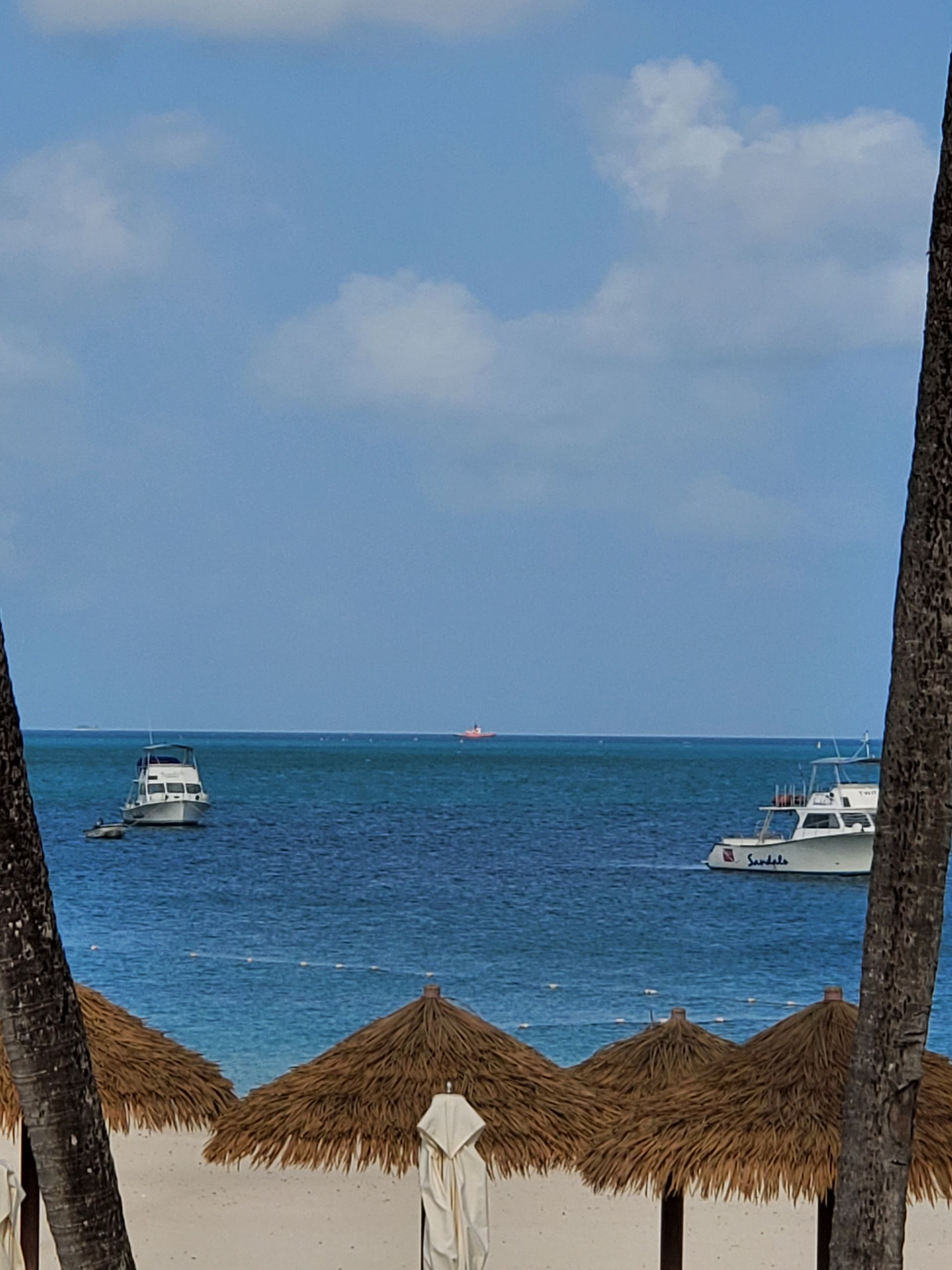 A beach with thatched umbrellas and boats in the ocean.