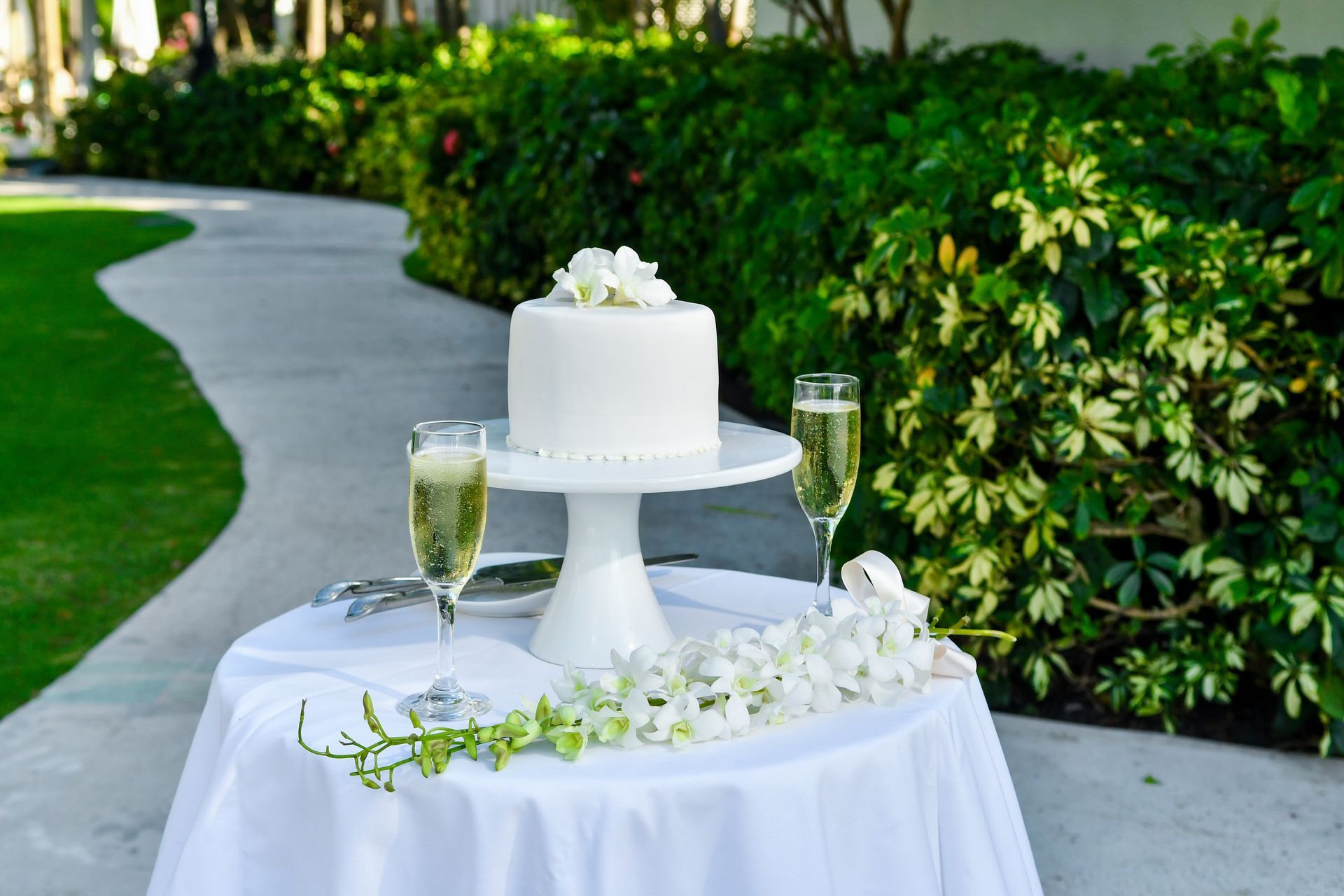 Outdoor dessert table with white frosted cake, champagne flutes, and floral decor on a garden path