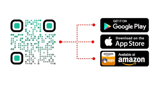QR code linking to Google Play, App Store, and Amazon Appstore for download.