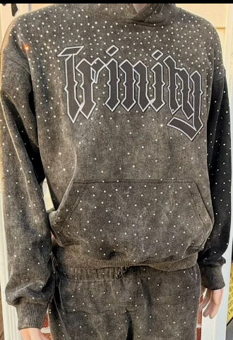 Dark gray hoodie and sweatpants with rhinestones and the word 