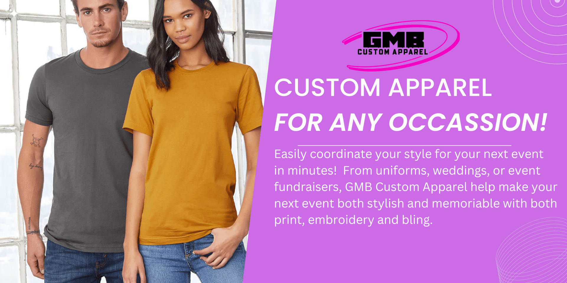 A man and woman wearing custom t-shirts. Purple background with custom apparel text.