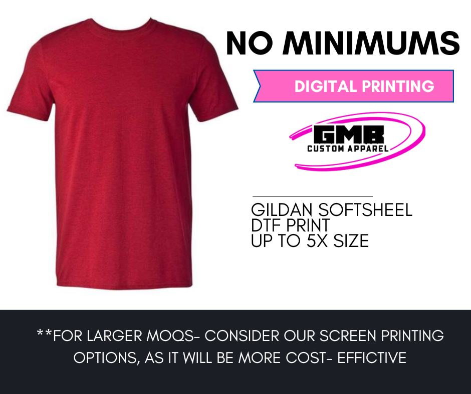 A red t-shirt with the words no minimums digital printing on it