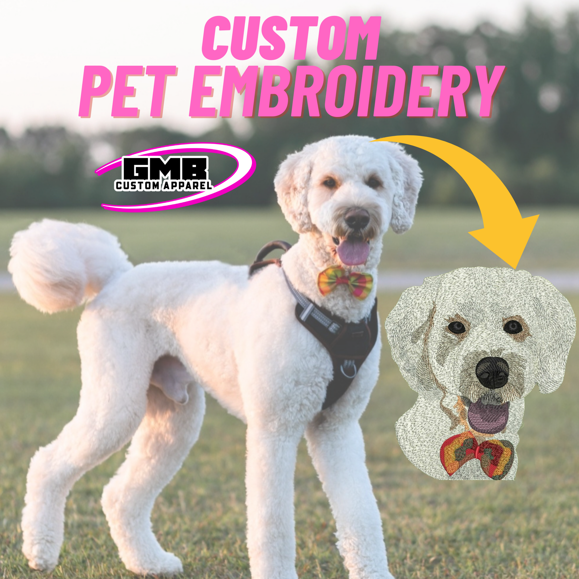 A white dog is standing in a field with a picture of it being embroidered on it