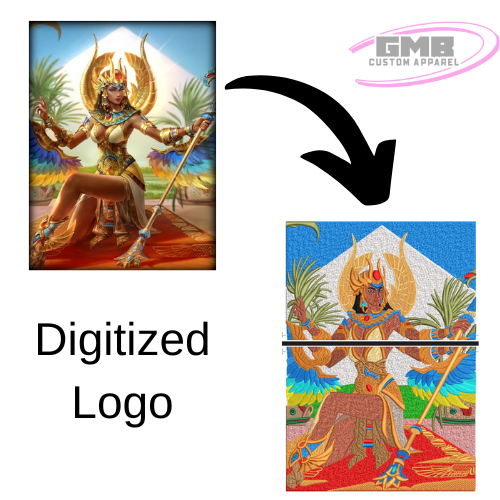 A picture of a woman with an arrow pointing to the words digitized logo