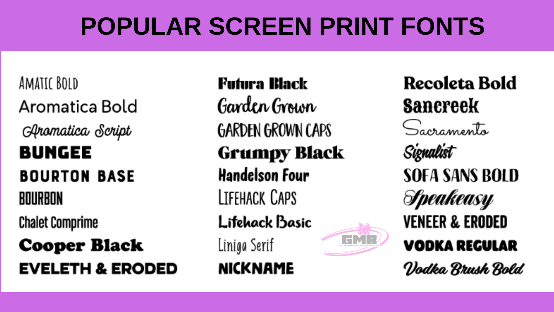 List of popular screen print fonts, each name in a different style. Text is white on a lavender background.