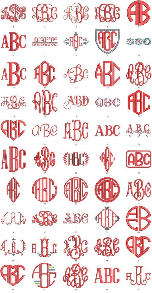Monogram alphabet designs in red, featuring various fonts and styles.
