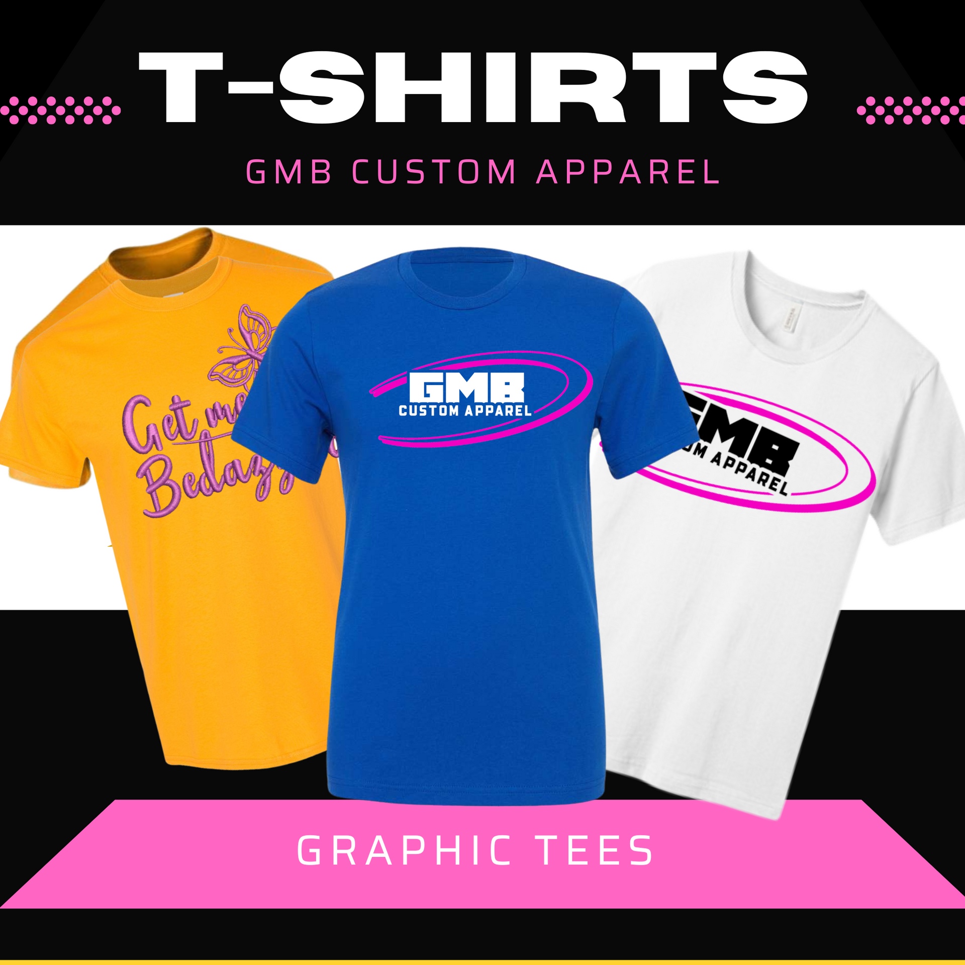 Three t-shirts are sitting on top of a pink table.