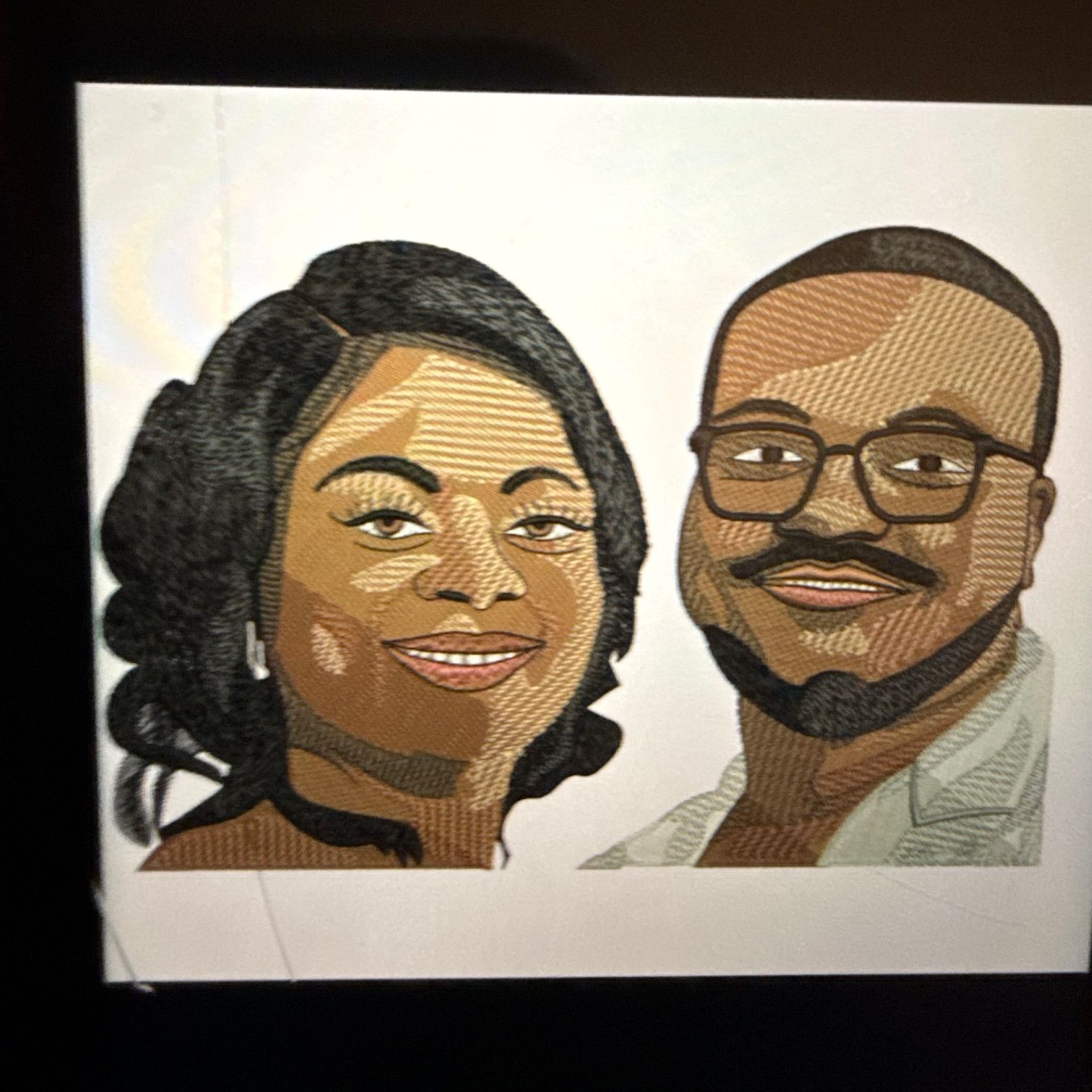 A drawing of a man and a woman with glasses