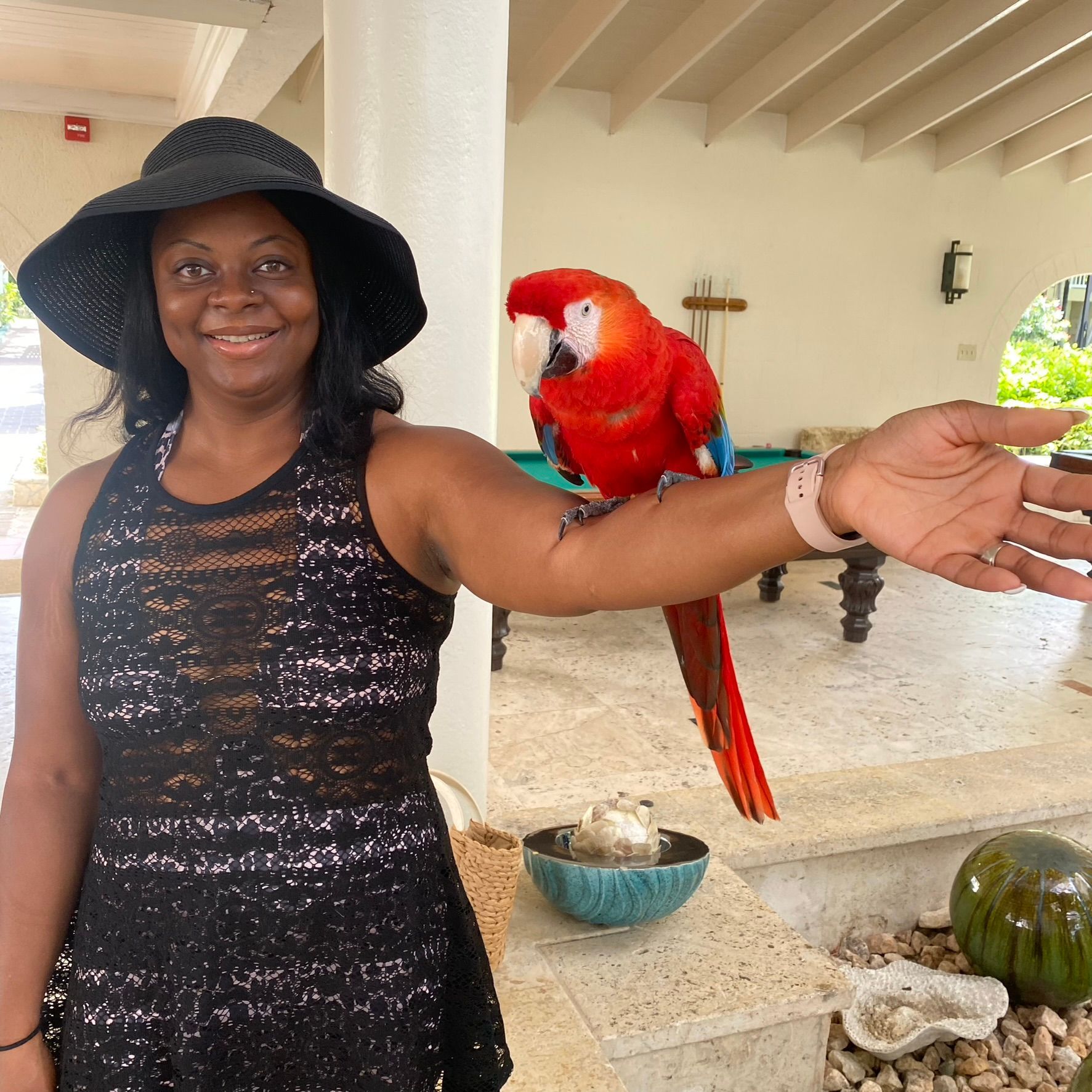 Woman in black hat with red macaw perched on her arm in a bright patio.