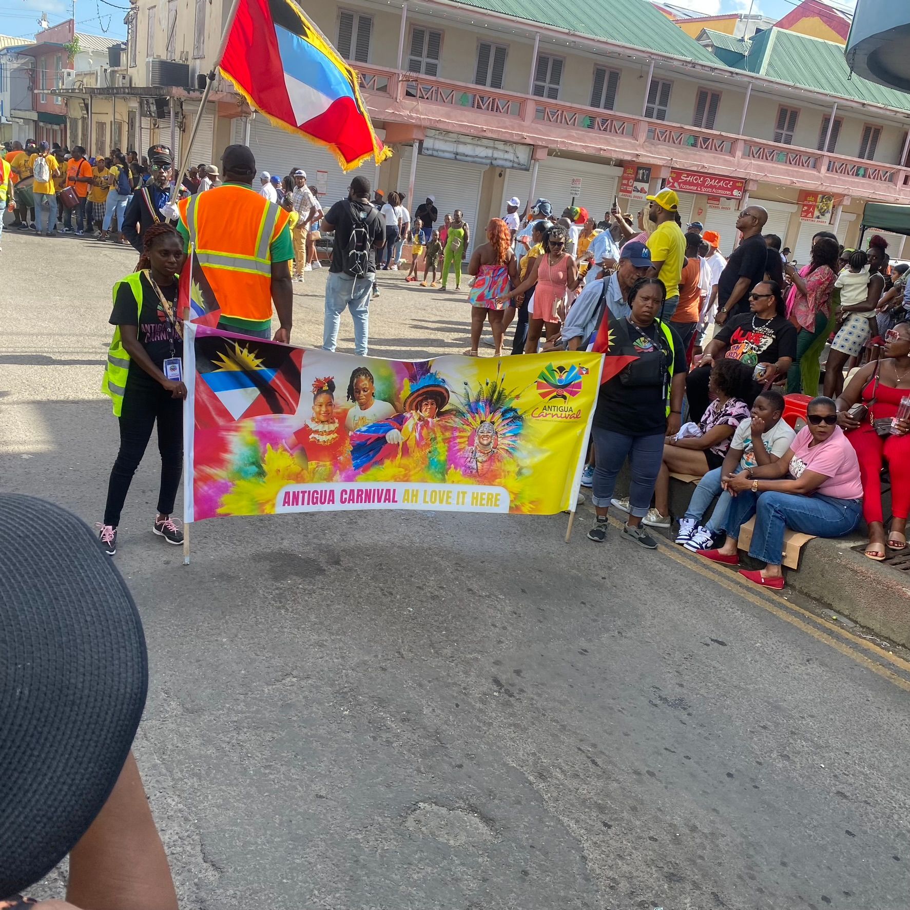 Parade participants holding a colorful banner and flag marching down a street, with spectators along the roadside.