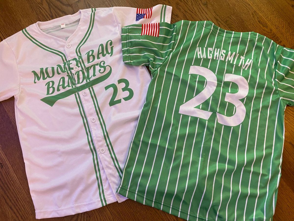 Money Bag Bandits baseball jerseys with button-front lettering and personalized number 23