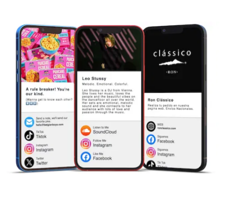 Three smartphones with promotional graphics and social media icons.