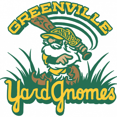 A greenville yard gnomes logo with a gnome holding a baseball bat