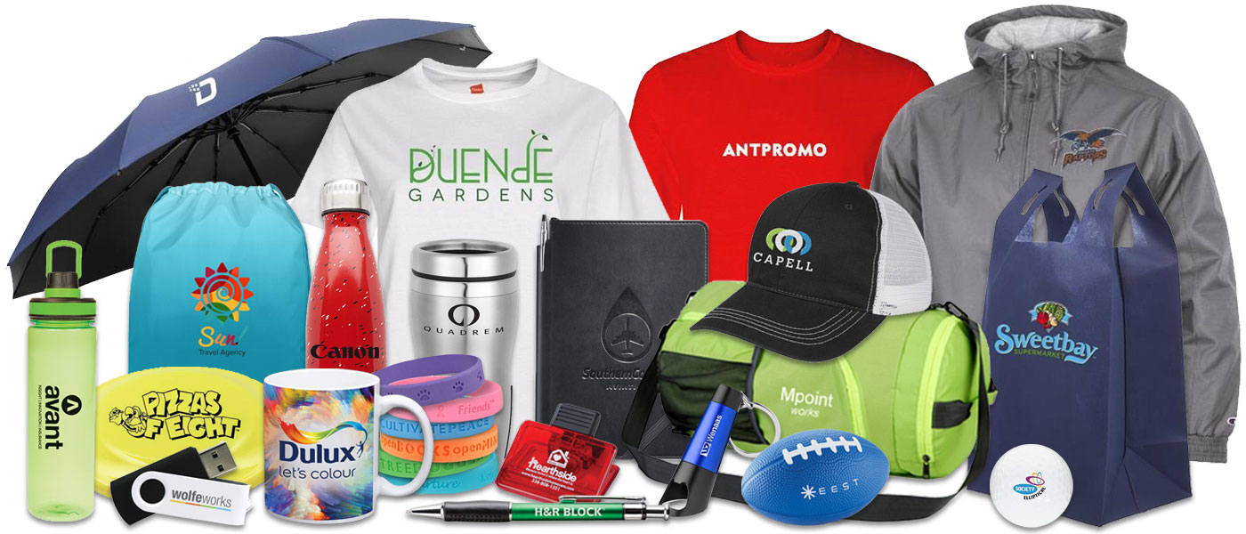 A variety of promotional items are displayed on a white background.