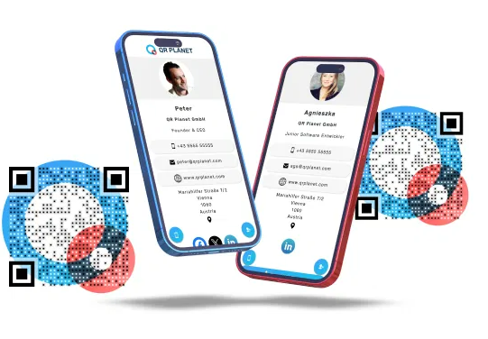 Two smartphones with contact profiles and QR codes. Blue and red phone frames.