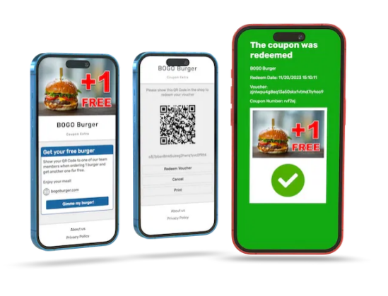 Three smartphones show a free burger coupon being redeemed.