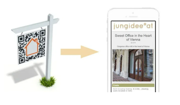QR code on a sign directs to a webpage on a phone displaying Vienna office listing.