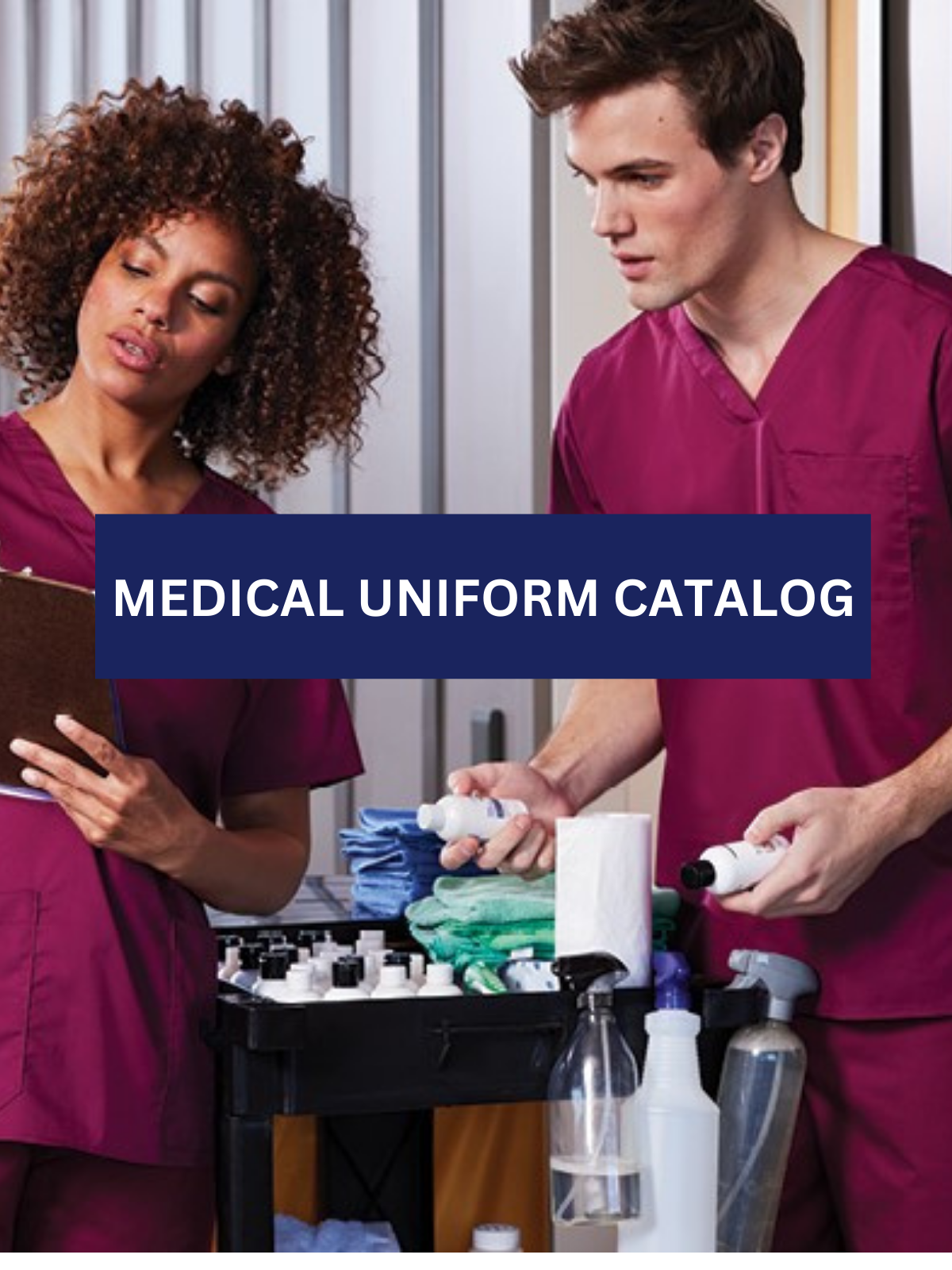 A man and a woman are standing next to each other in a medical uniform catalog.