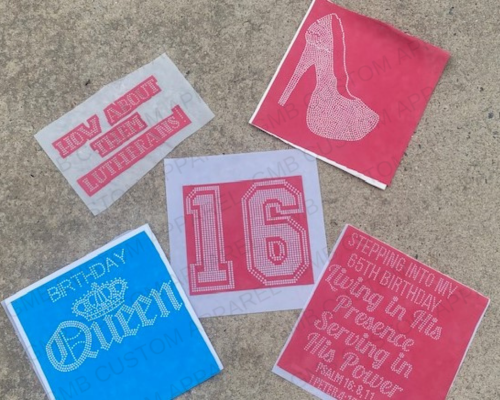 Napkins with printed designs: shoe, text, birthday queen, 