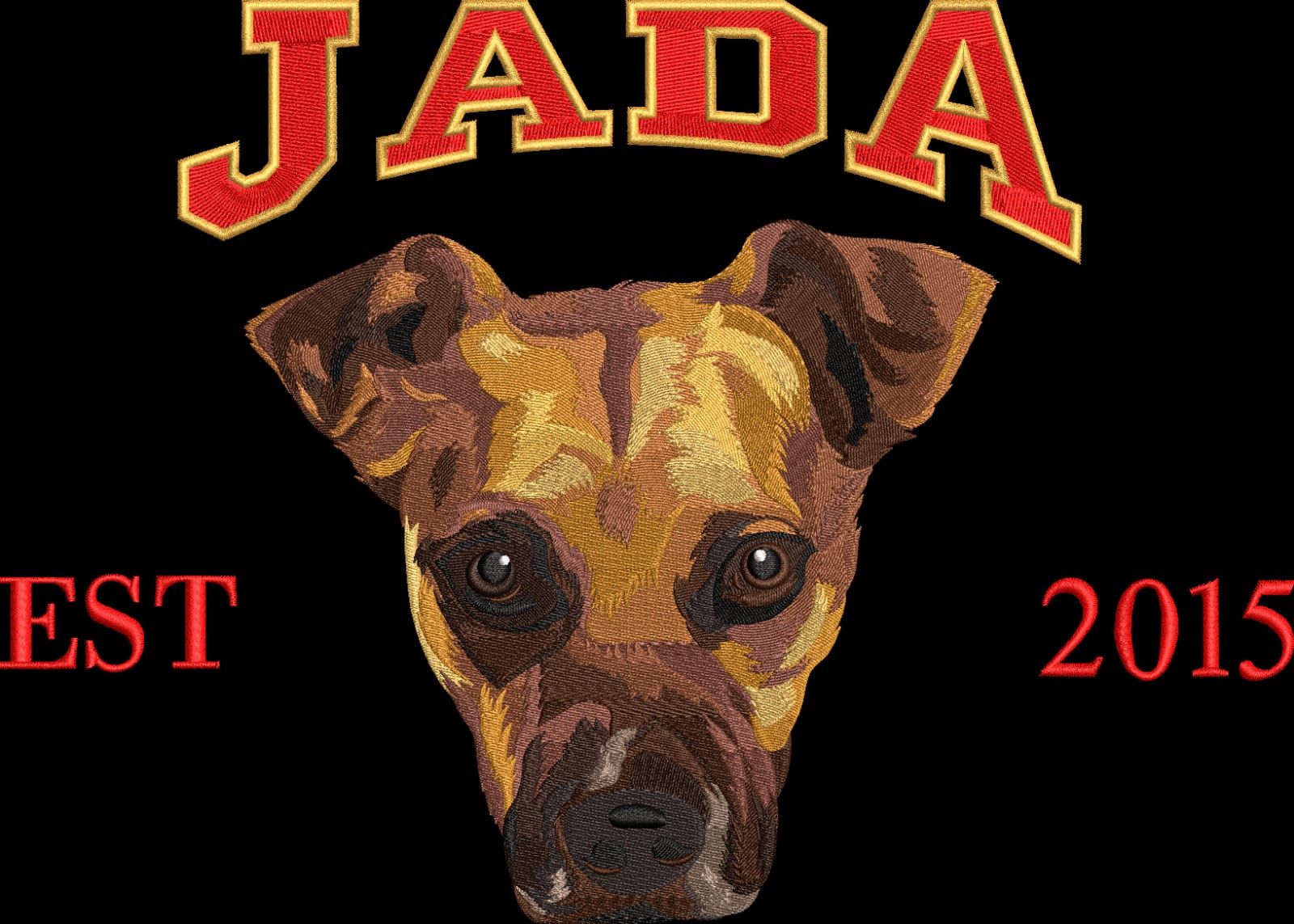 A picture of a dog with the name jada on it