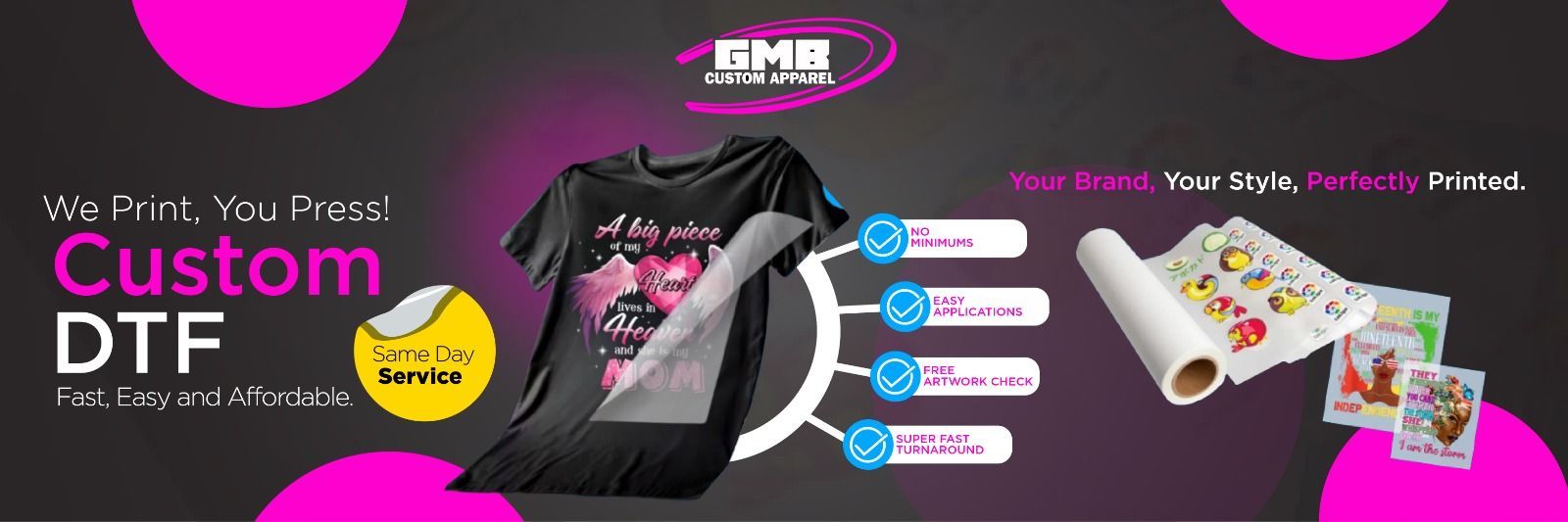 Banner promoting custom DTF printing services, featuring a black t-shirt with a design, printed roll, and samples.
