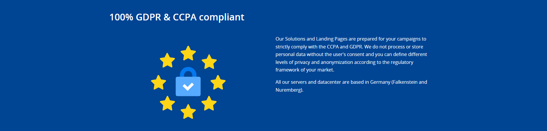 GDPR & CCPA compliant logo with lock and stars on a blue background.