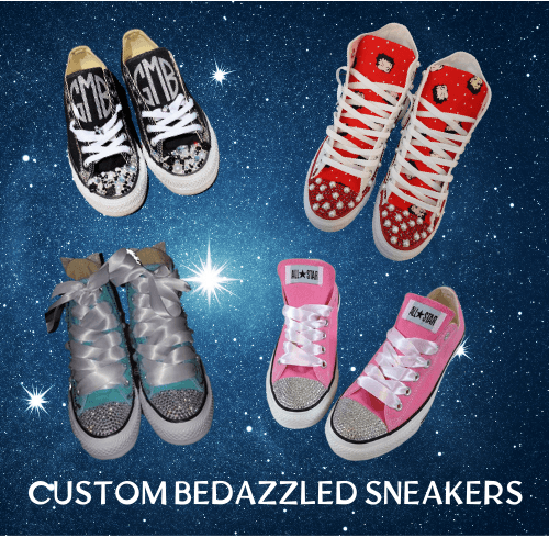 A picture of a pair of custom bedazzled sneakers