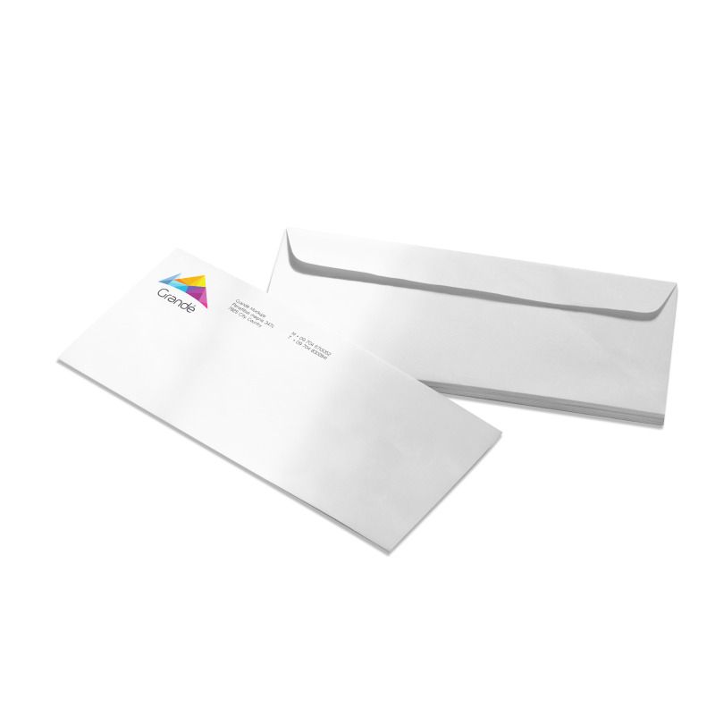 A white envelope with a logo on it is sitting on a white surface.