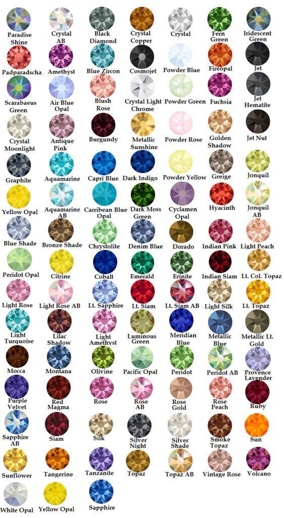 Assortment of crystal colors in circular shapes, showcasing a range of hues.