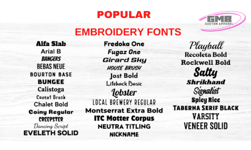 A list of popular embroidery fonts on a white background
