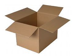 An empty cardboard box with its lid open on a white background.