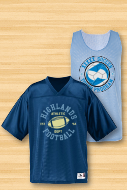 A blue highlands football jersey sits next to a blue tank top