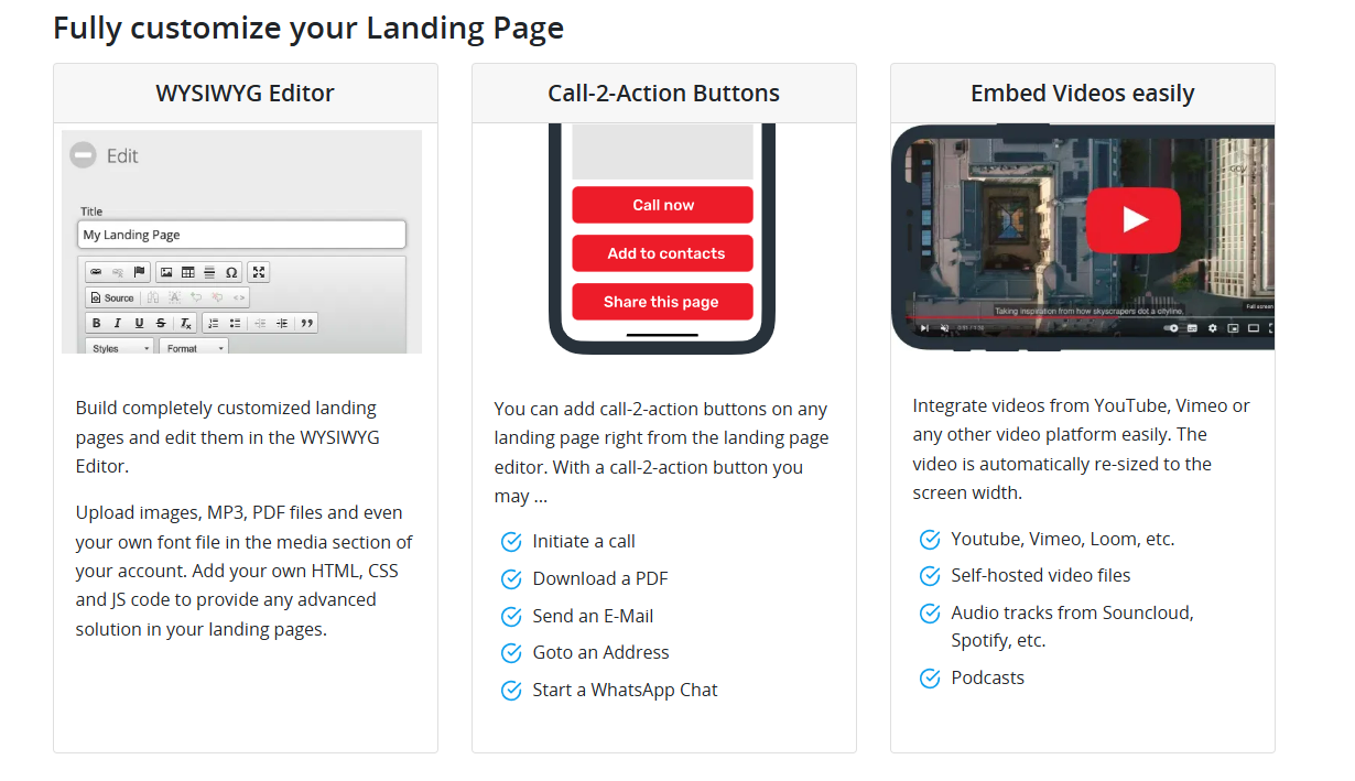 Customizable landing page features: form, call-to-action buttons, embedded video, and customization options.