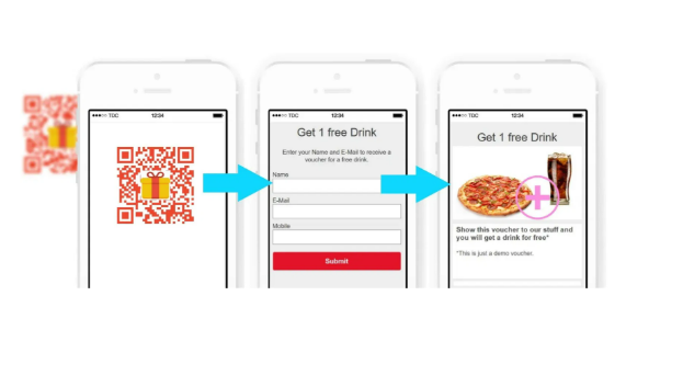 Phone screens show a QR code scanned, then a form, and finally a pizza and soda offer.