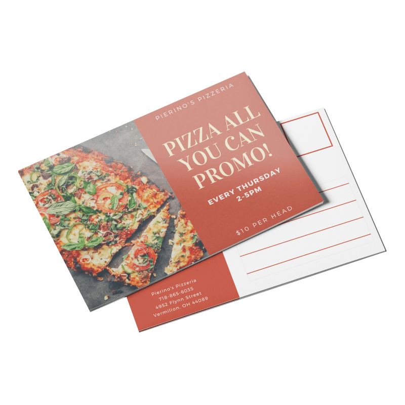 A postcard that says pizza all you can promo