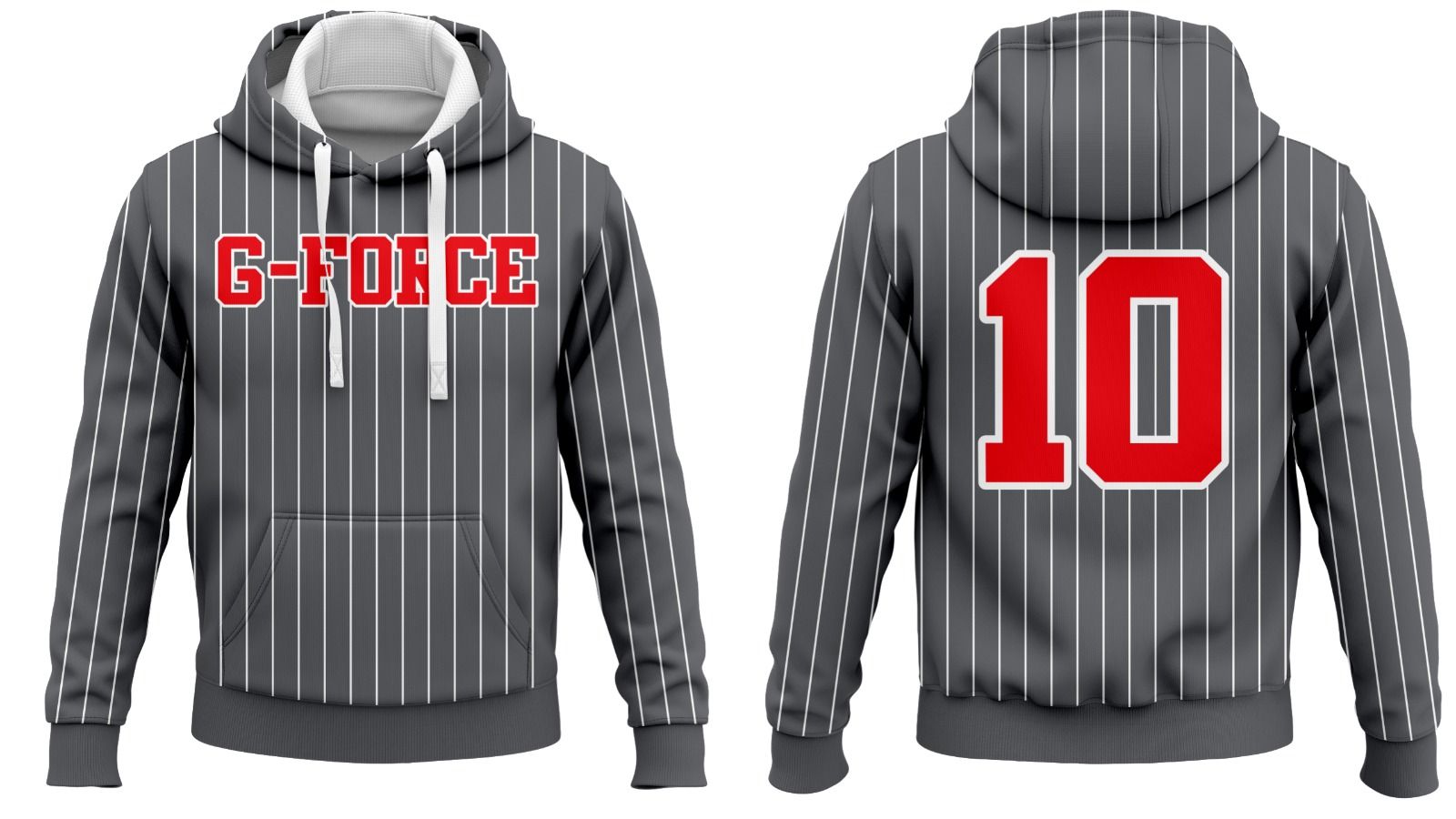 The front and back of a hoodie with the number 10 on it.