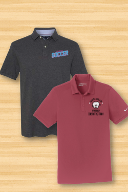 Two polo shirts with one that says soccer on it