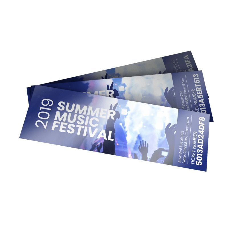 Three tickets for a summer music festival are stacked on top of each other.