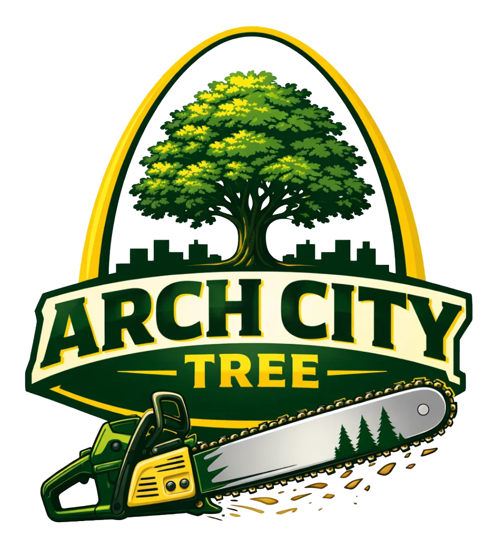 Arch City Tree logo with a green tree and chainsaw on a white background
